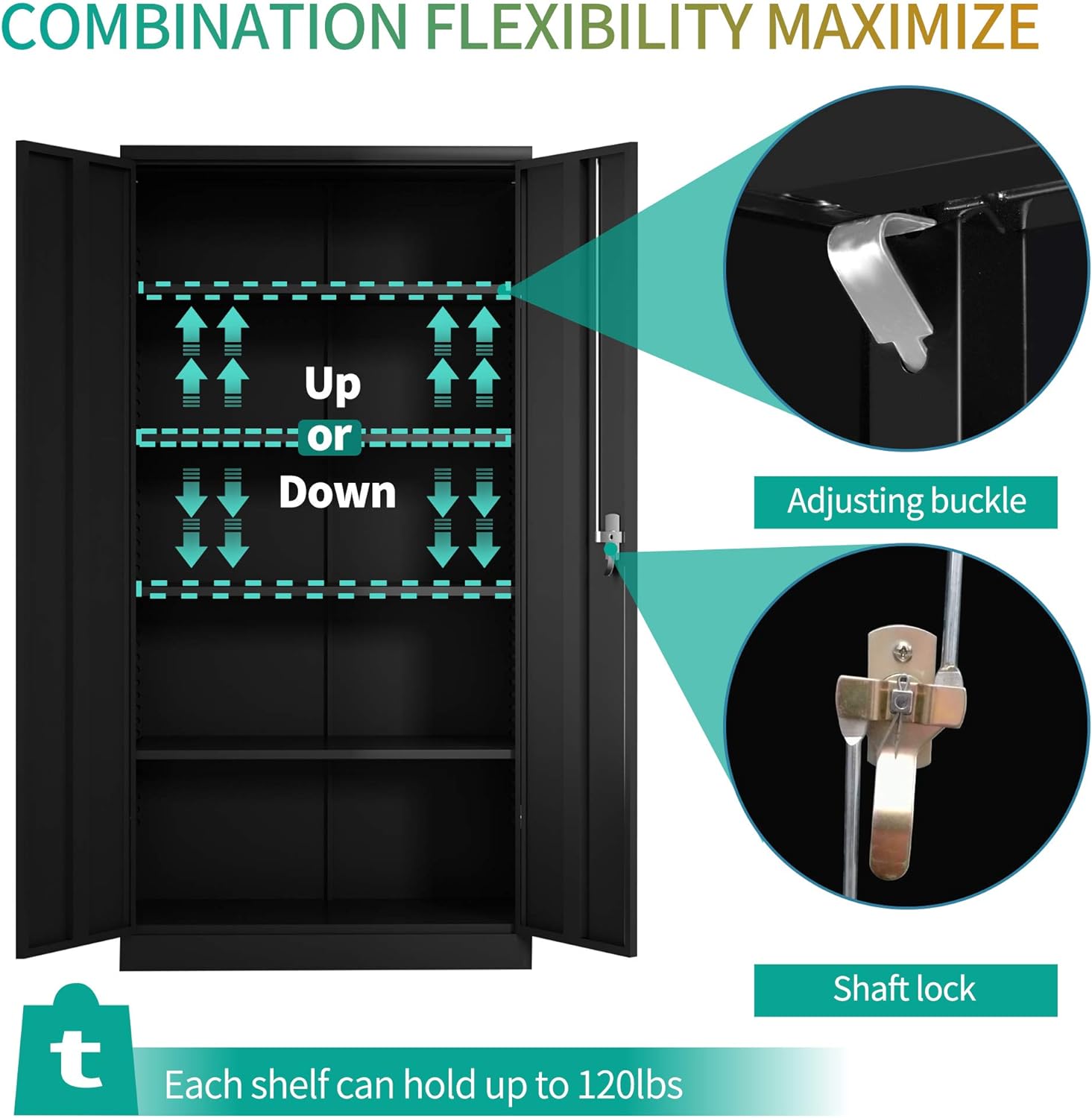 Black Steel Storage Cabinet with 2 Doors and 4 Adjustable Shelves L6153