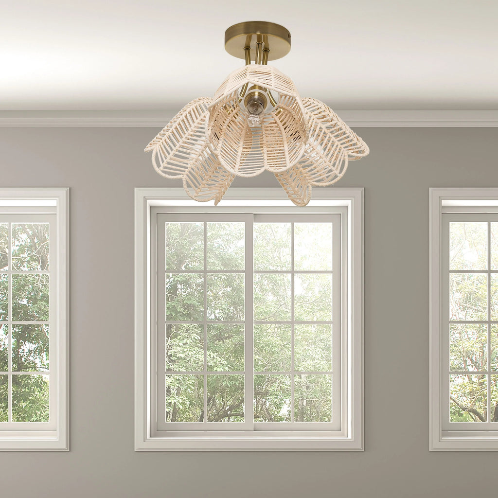 Gold and White Rattan and Metal Ceiling Light W868674