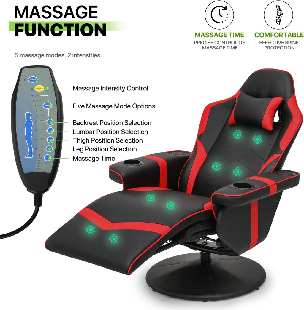 Red PU Leather 360° Swivel Recliner Massage Chair with Footrest B4399