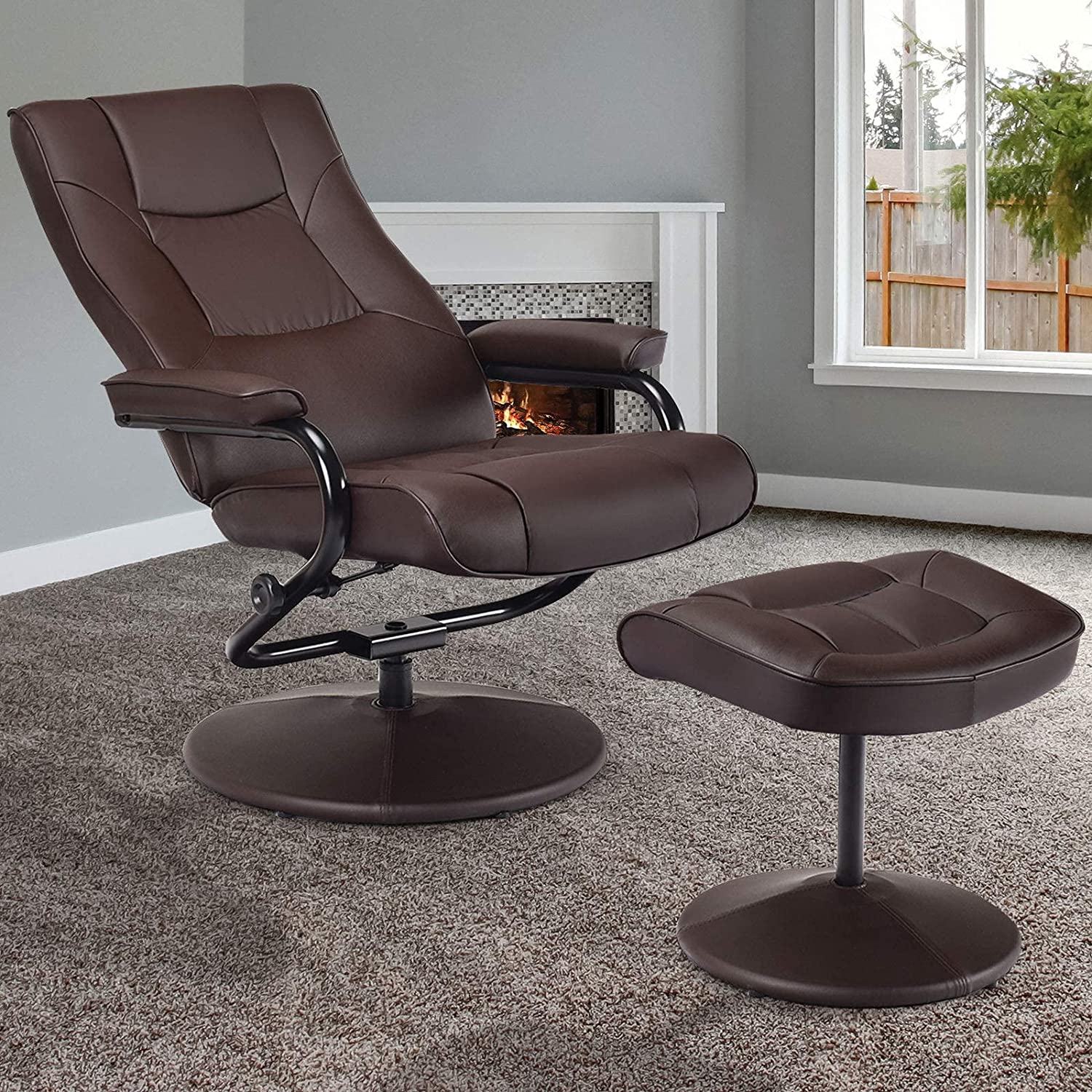 Brown PU Leather Swivel Recliner Chair with Ottoman Set Z536597