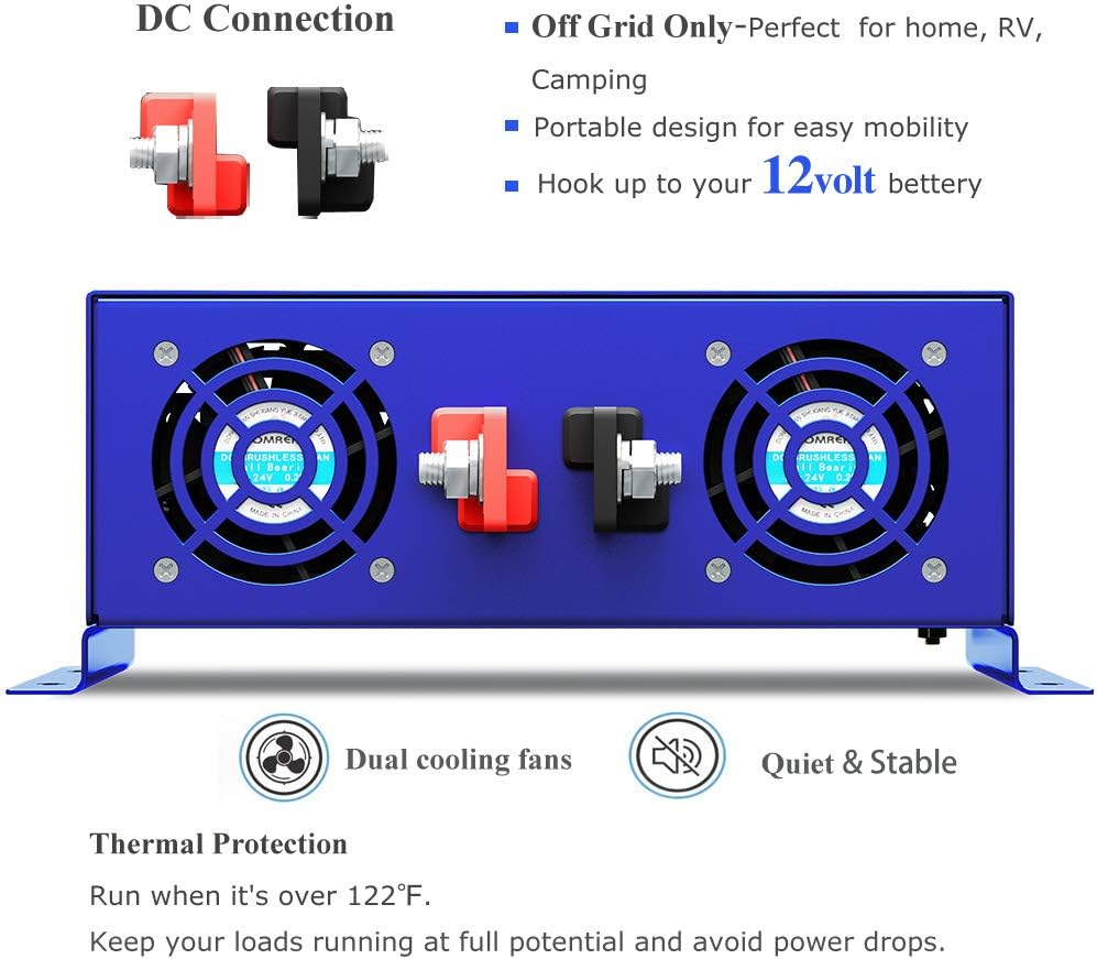 3000W Pure Sine Wave Power Inverter 12v to 110v 120v DC to AC with 2 USA Outlets 2 Battery Cables S791