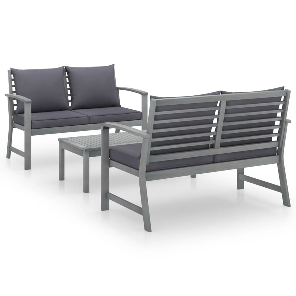 3 Piece Gray Acacia Wood Outdoor Sectional Sofa Set with Cushions P408
