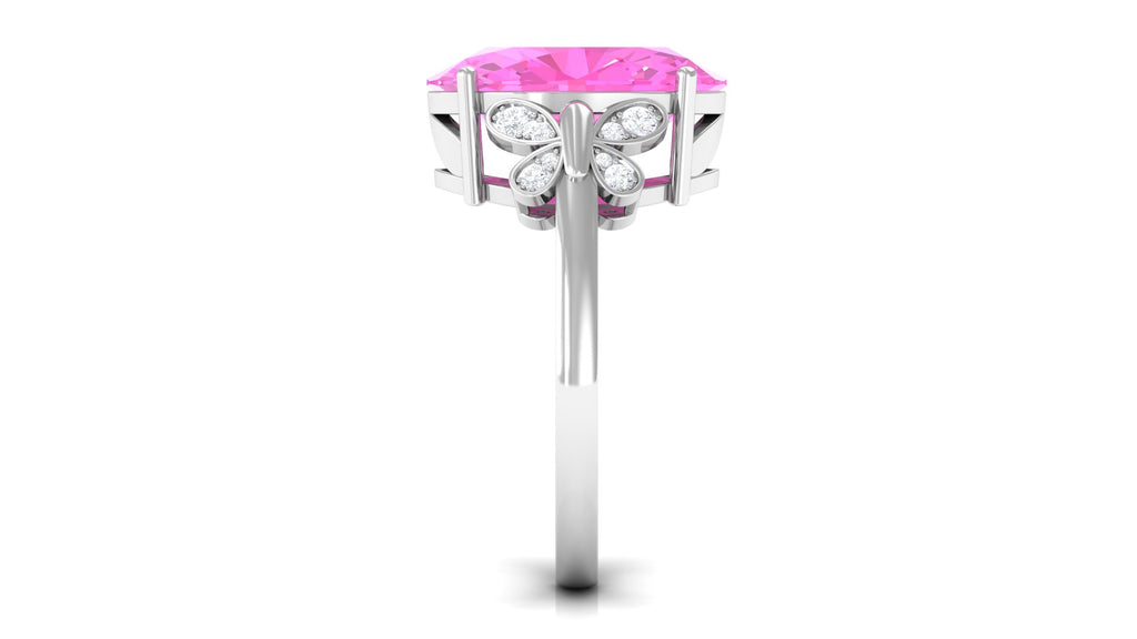Oval Created Pink Sapphire Solitaire Ring with Diamond, 10X14 mm, 925 Sterling Silver, US 4.00 N695