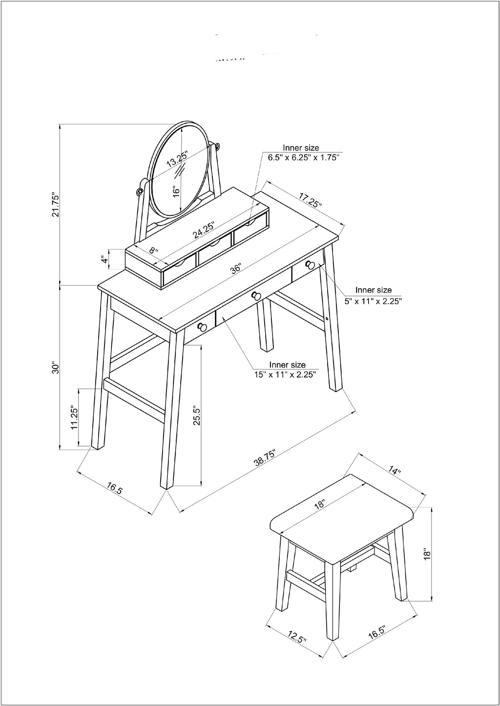 Walnut Finish Vanity Set with Bench R6743
