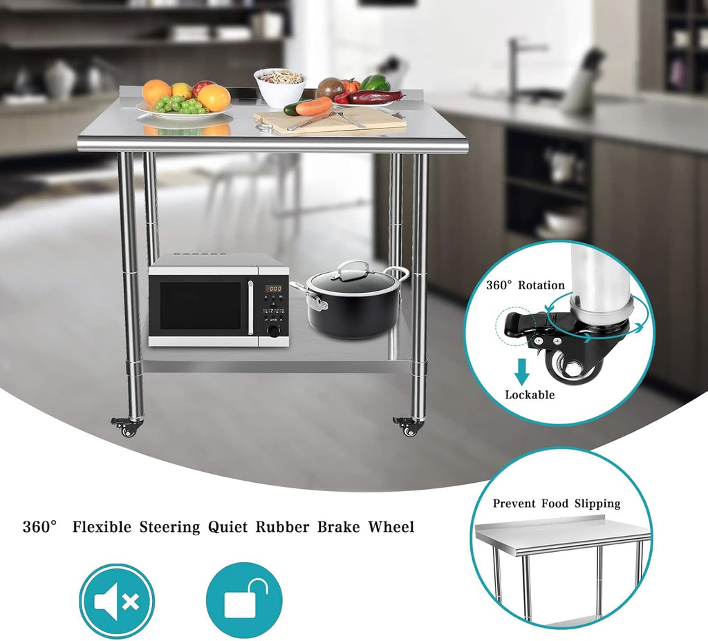 Stainless Steel Work Table with Casters, Backsplash, Adjustable Undershelf F609