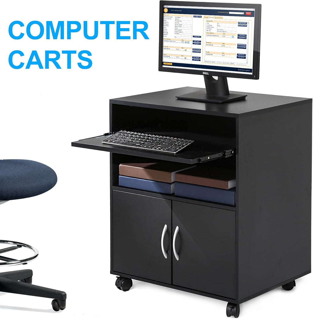 Black Mobile File Cabinet with Keyboard Tray and Doors on Wheels I783439