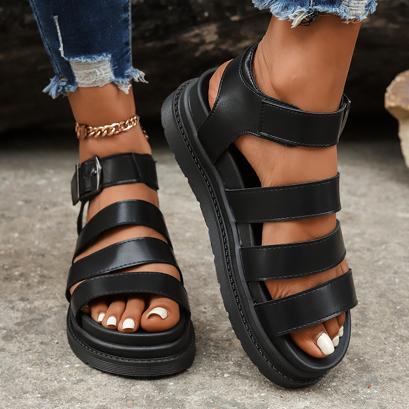 Women's Platform Open-Toe Beach Sandals with Simple Four-Strap Design