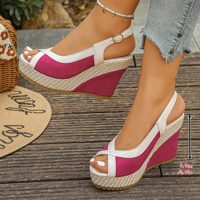 Platform Wedge Sandals with Peep-Toe and Buckle Strap