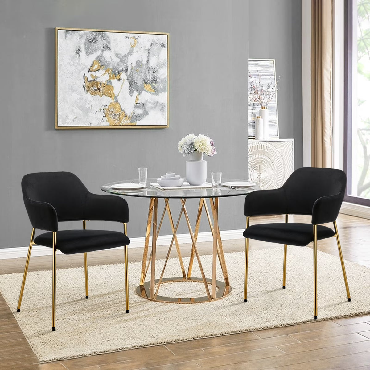 Black Velvet Dining Chairs Set of 2 with Armrest and Golden Chrome Legs S65711