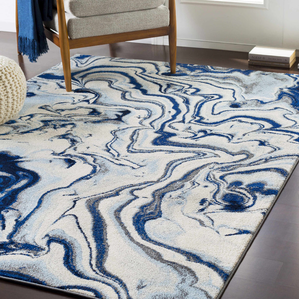 Abstract Coastal Area Rug - Marble Swirl Pattern - Ombre Blue, Royal Blue, Navy Blue, Grey, White - 5'3" x 7'3" C483582