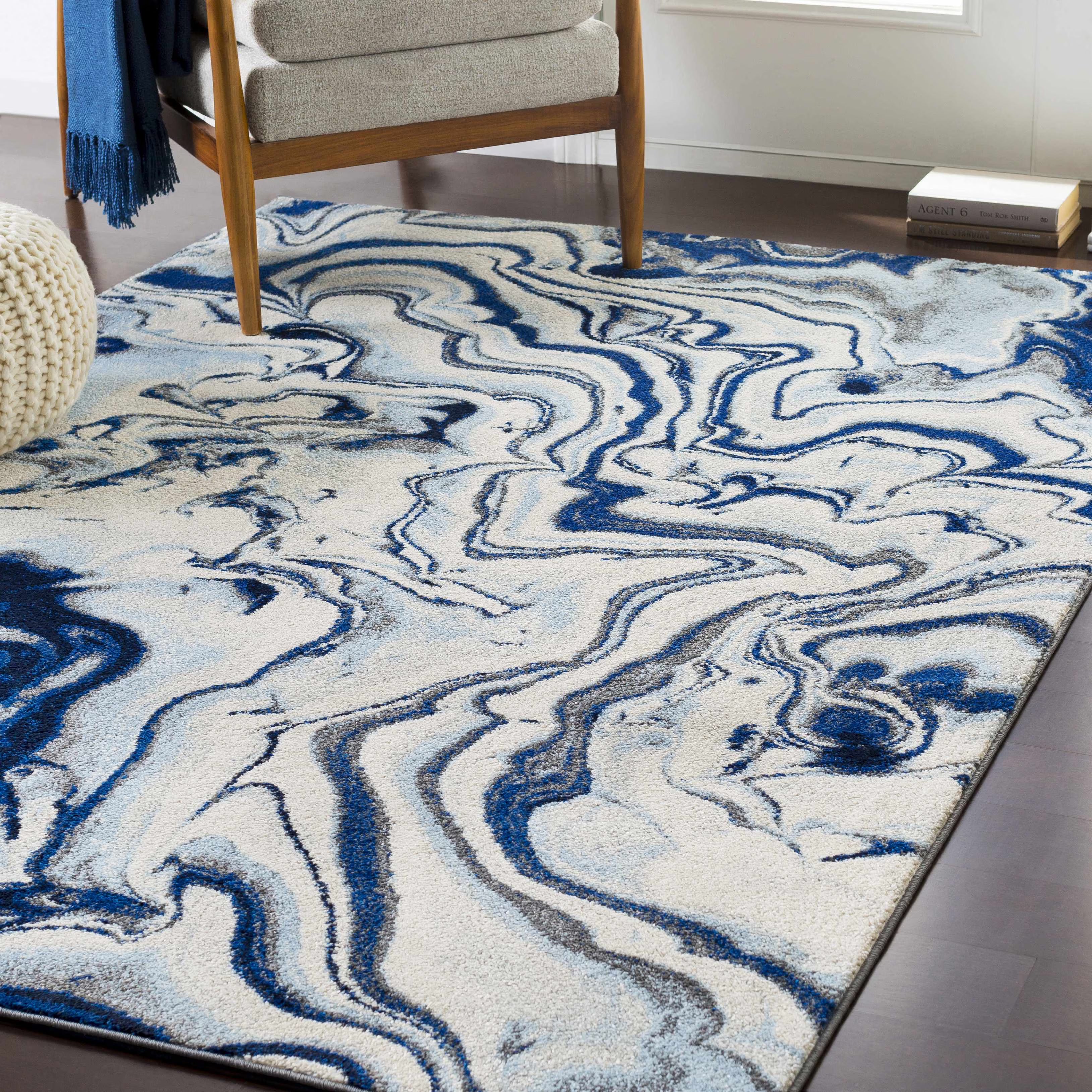 Abstract Coastal Area Rug - Marble Swirl Pattern - Ombre Blue, Royal Blue, Navy Blue, Grey, White - 5'3" x 7'3" C483582