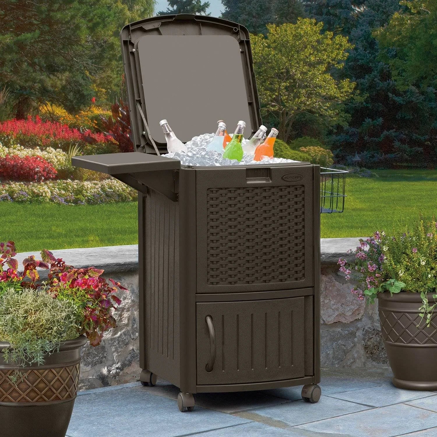 Java Resin Wicker Patio Cooler with Cabinet and Wire Basket P74153