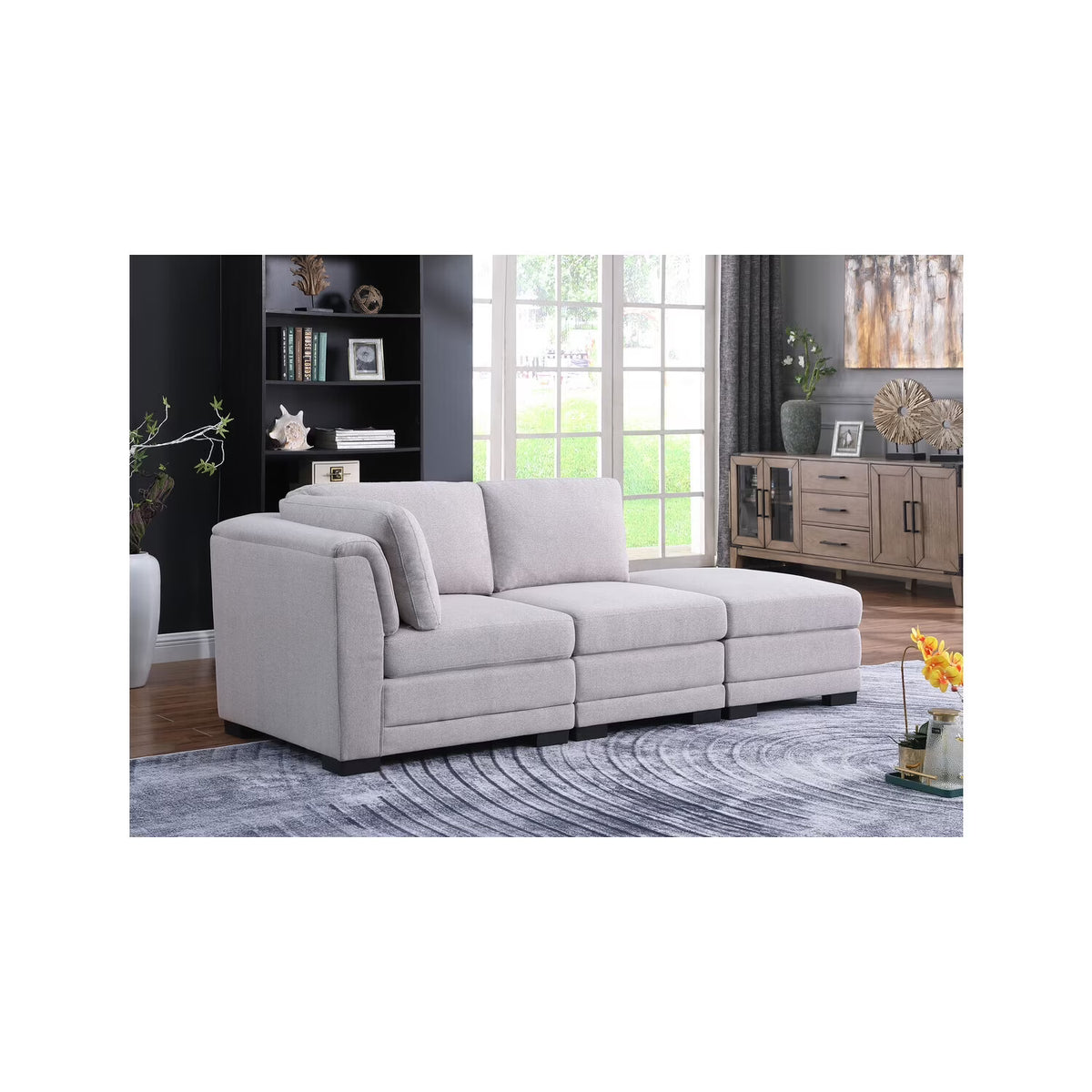 Light Gray Linen Fabric Reversible Sofa with Ottoman P4707