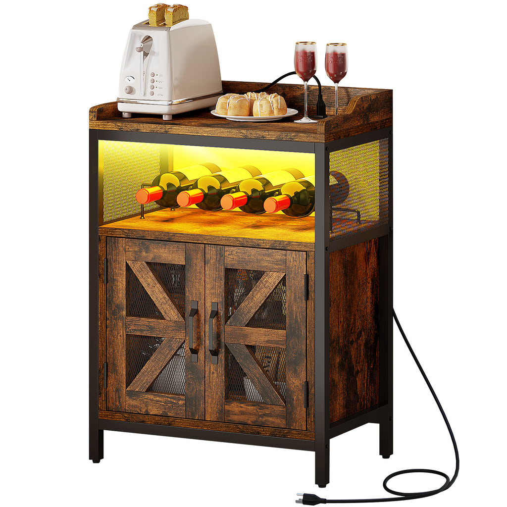 Rustic Brown Wine Bar Cabinet with Power Outlet and LED Lights P450