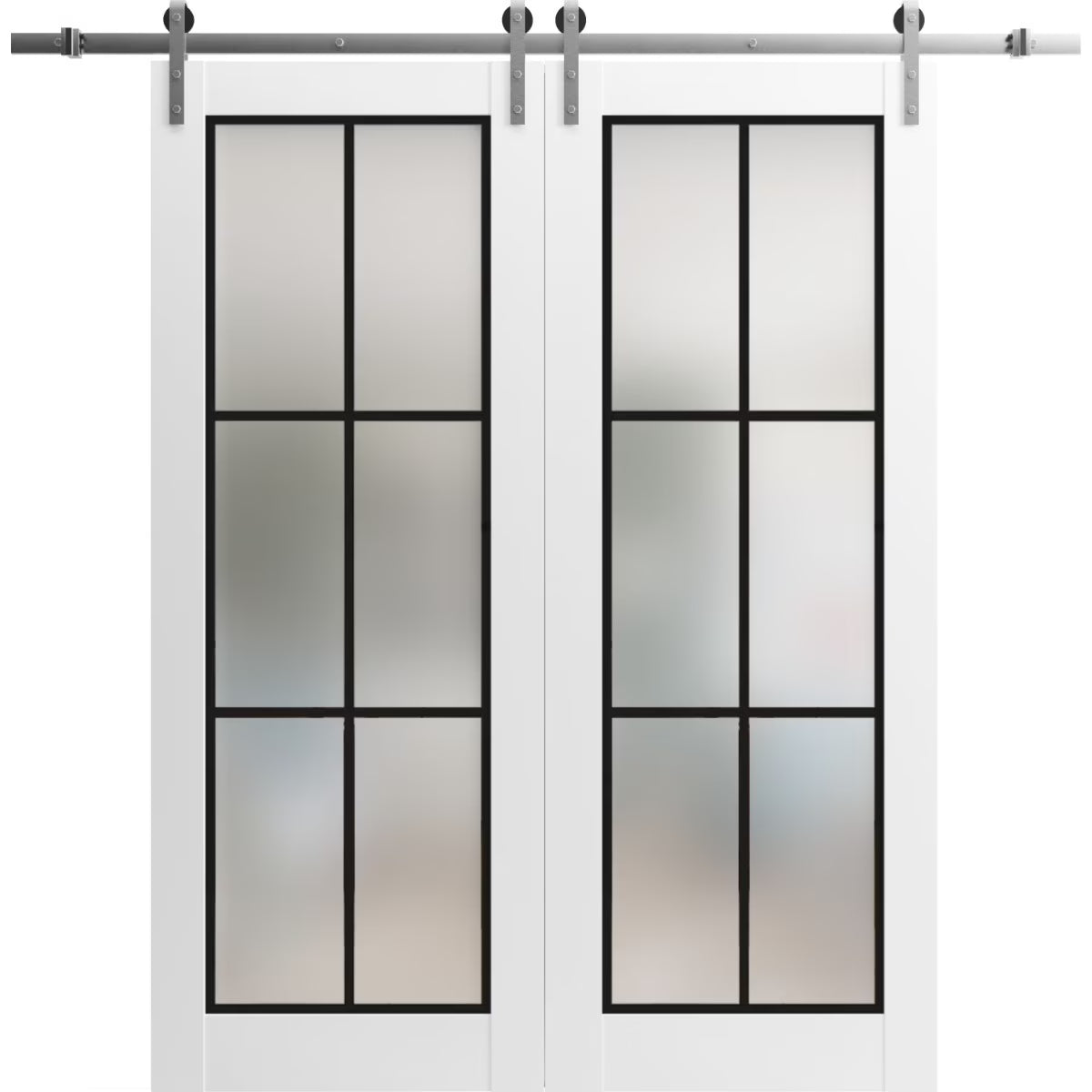 Double Barn Door 36 x 80 inches White Frosted Glass Stainless Steel Rail Hangers Solid Panel Interior Doors B7258