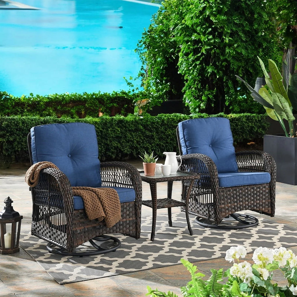 Brown Rattan Wicker 3-Piece Outdoor Swivel Glider Set with Blue Cushion P11200