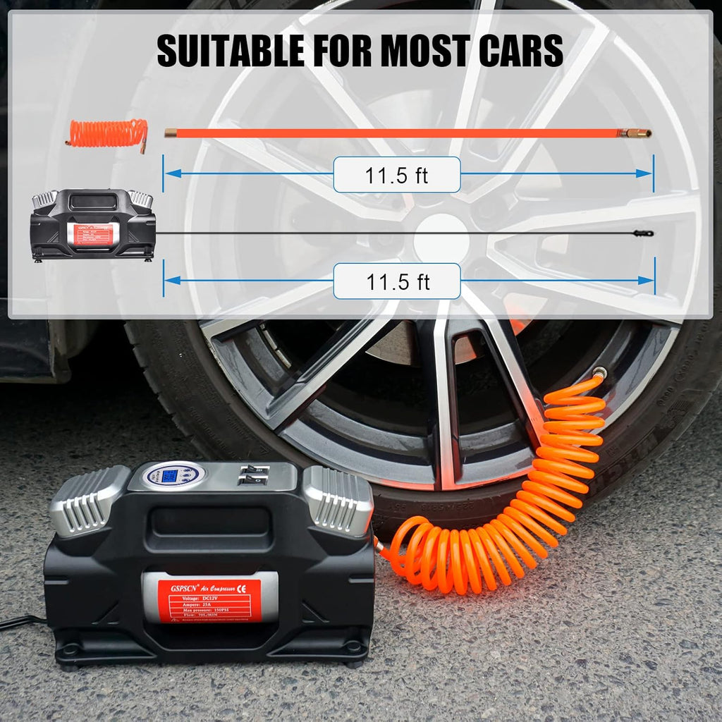 Portable Digital Tire Inflator, Dual Cylinders 12V Air Compressor Pump 150PSI with LED Light and Tire Repair Kit M1695