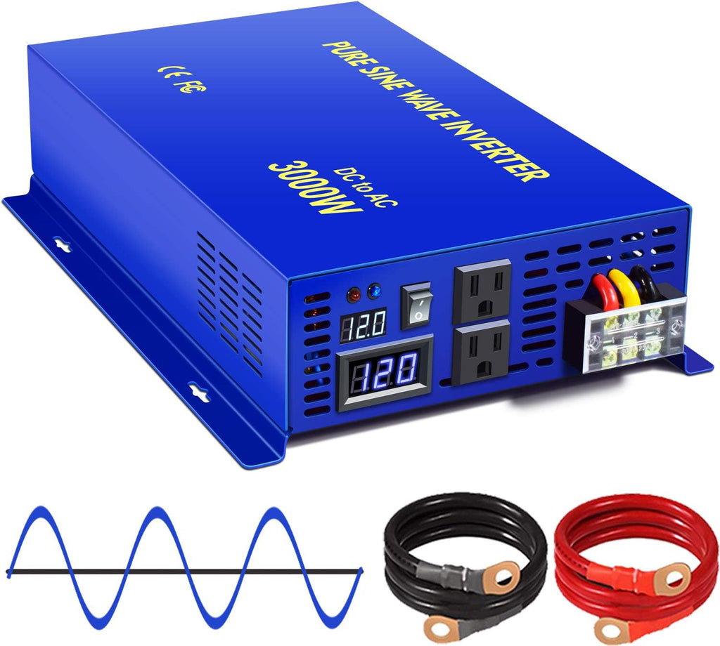 3000W Pure Sine Wave Power Inverter 12v to 110v 120v DC to AC with 2 USA Outlets 2 Battery Cables S791