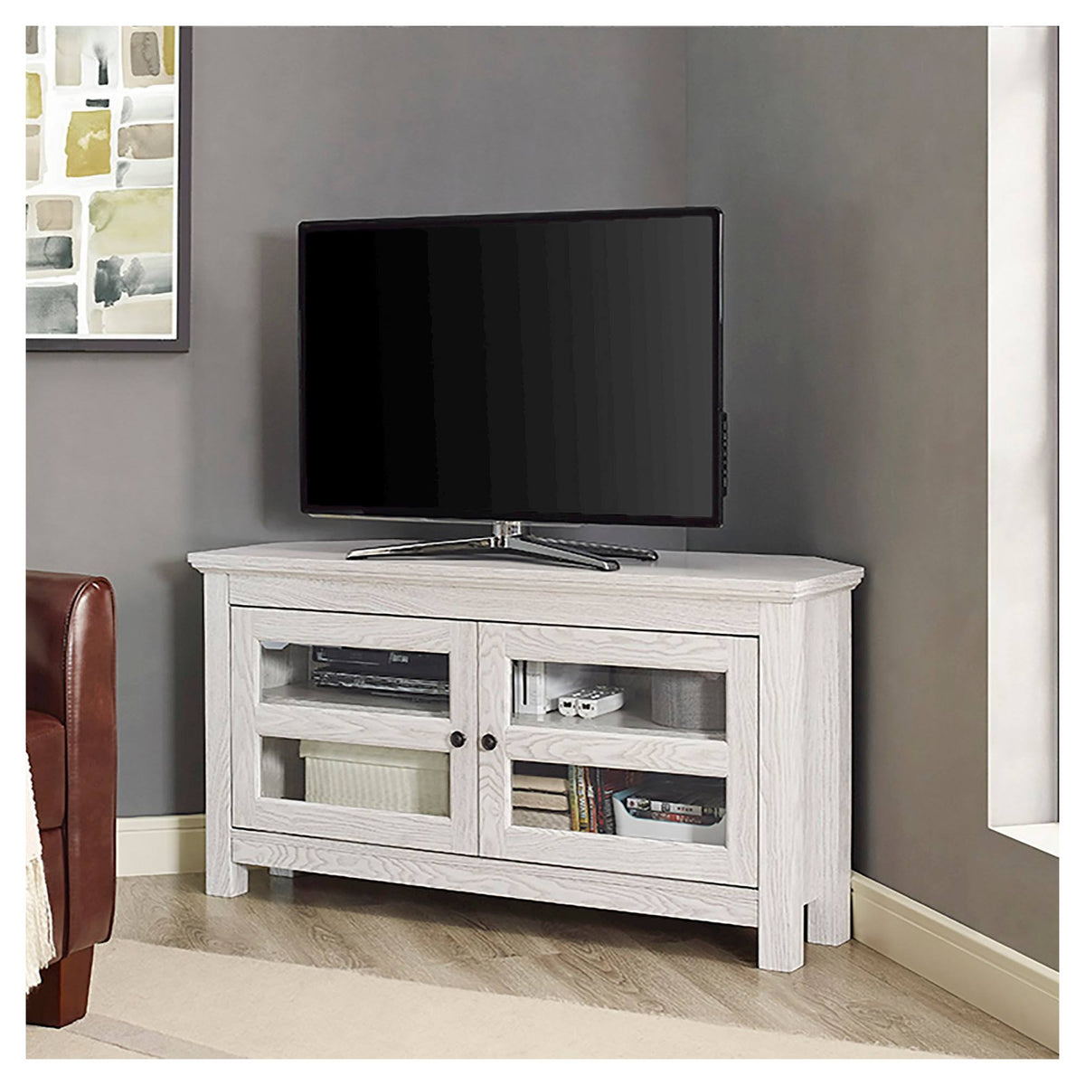 White Wood Corner TV Media Stand Storage Console X62558