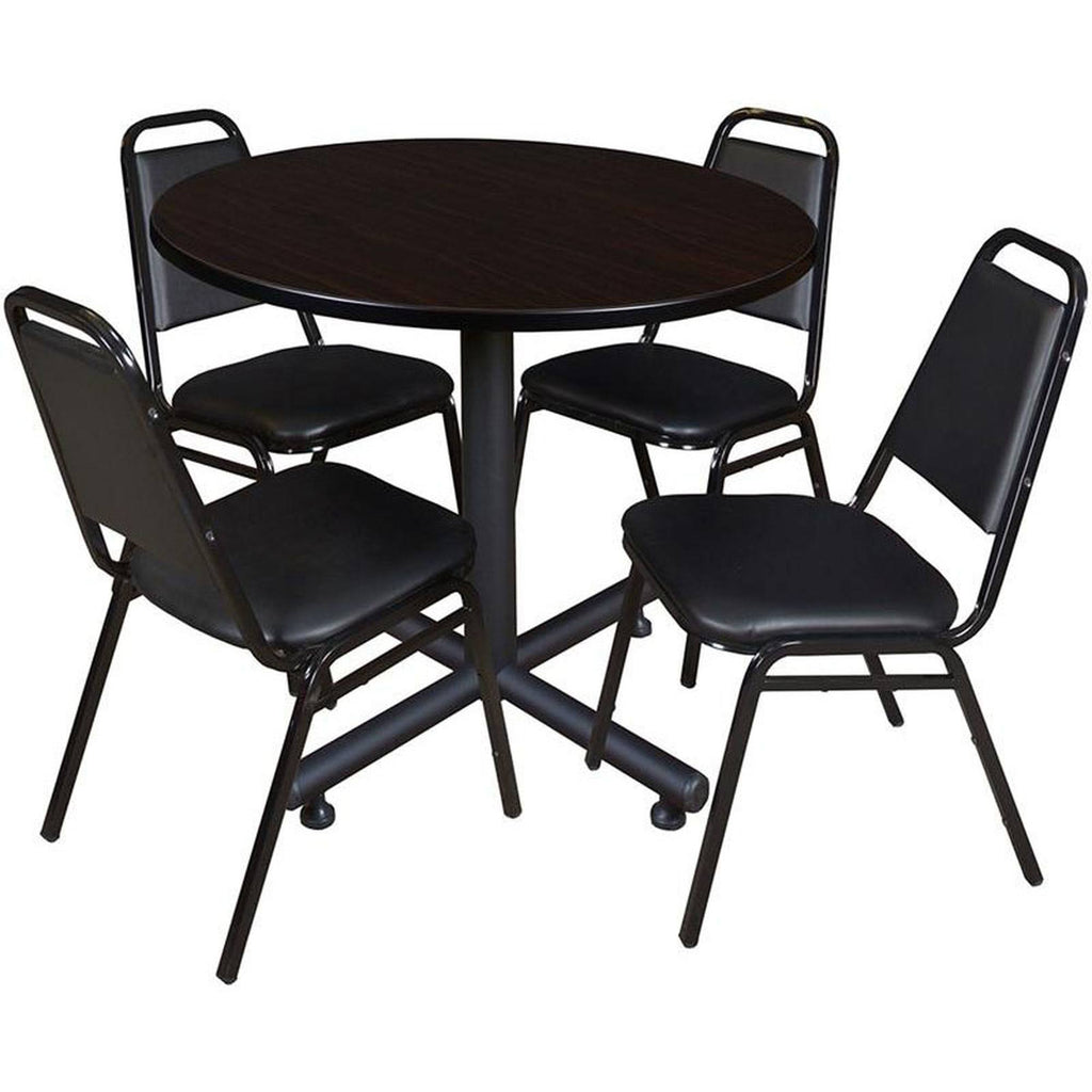 Mocha Walnut Round Breakroom Table and 4 Black Stack Chairs S542720