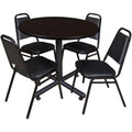 Mocha Walnut Round Breakroom Table and 4 Black Stack Chairs S542720
