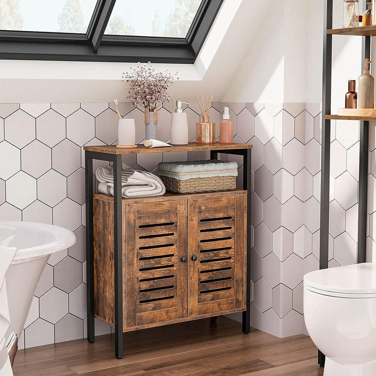Rustic Brown Floor Storage Cabinet with Hidden Adjustable Shelf P33814
