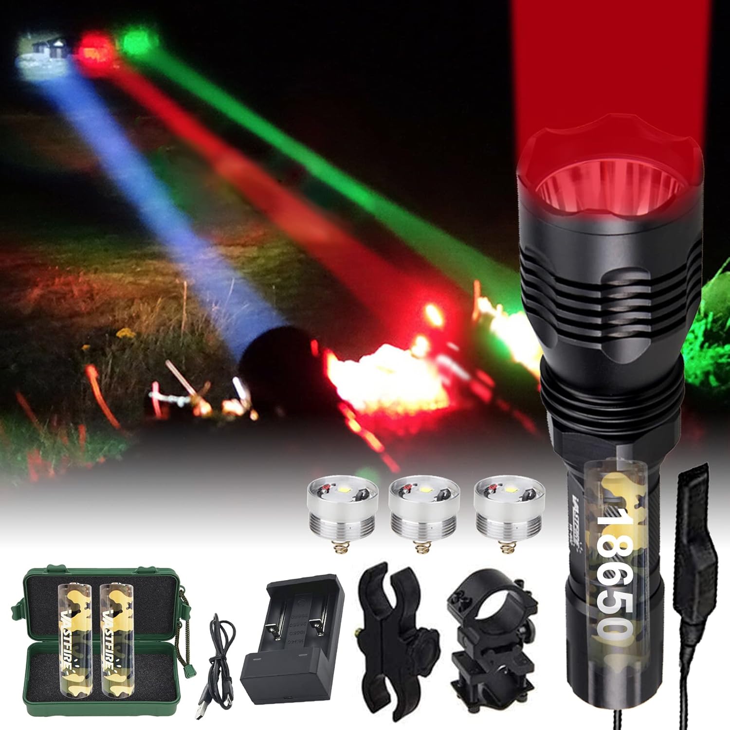 Predator Light with Interchangeable Red Green White LED Hunting Flashlight with Scope Mount S497991