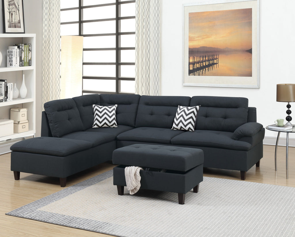 Black Fabric Sectional Sofa with Ottoman Q545