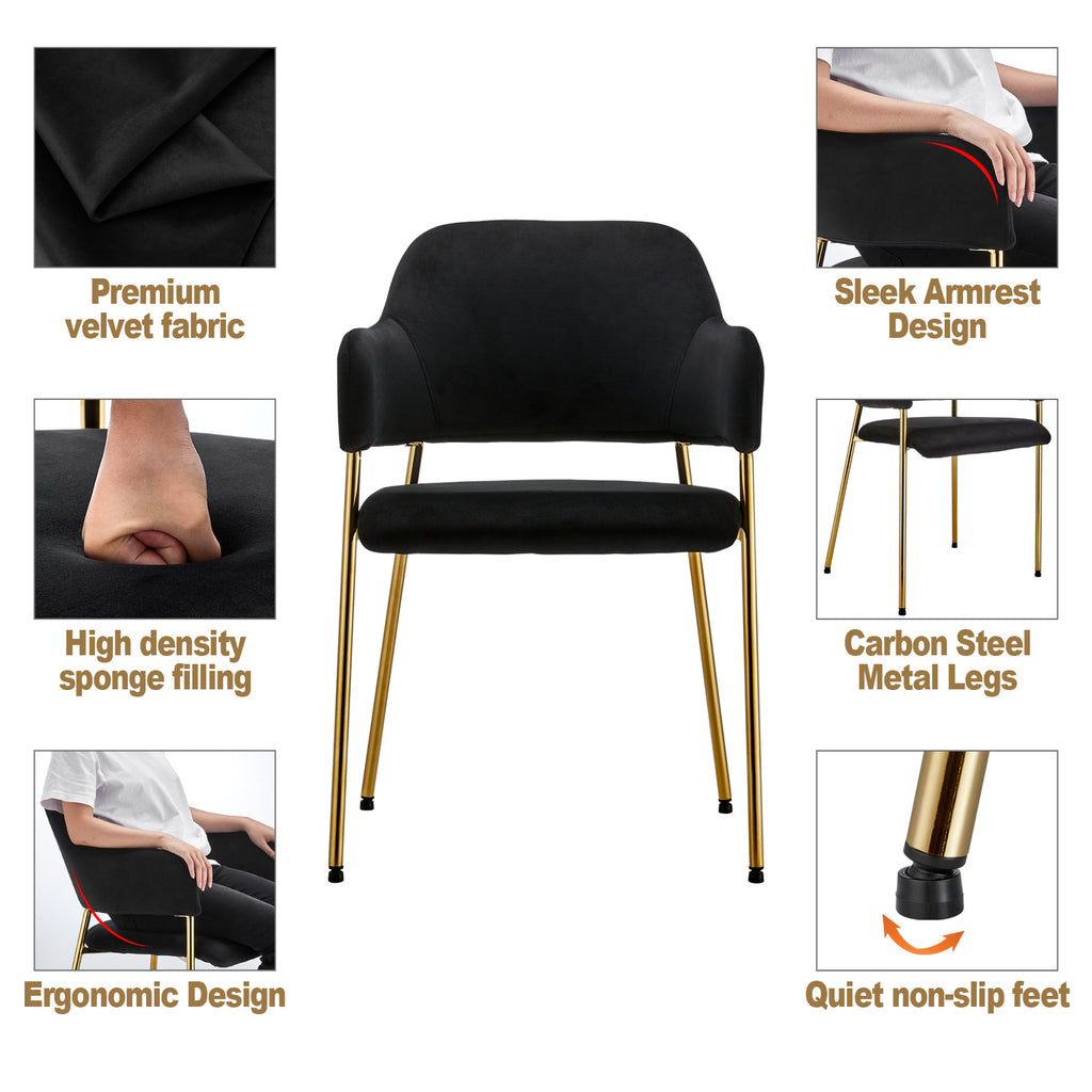Black Velvet Dining Chairs Set of 2 with Armrest and Golden Chrome Legs S65711