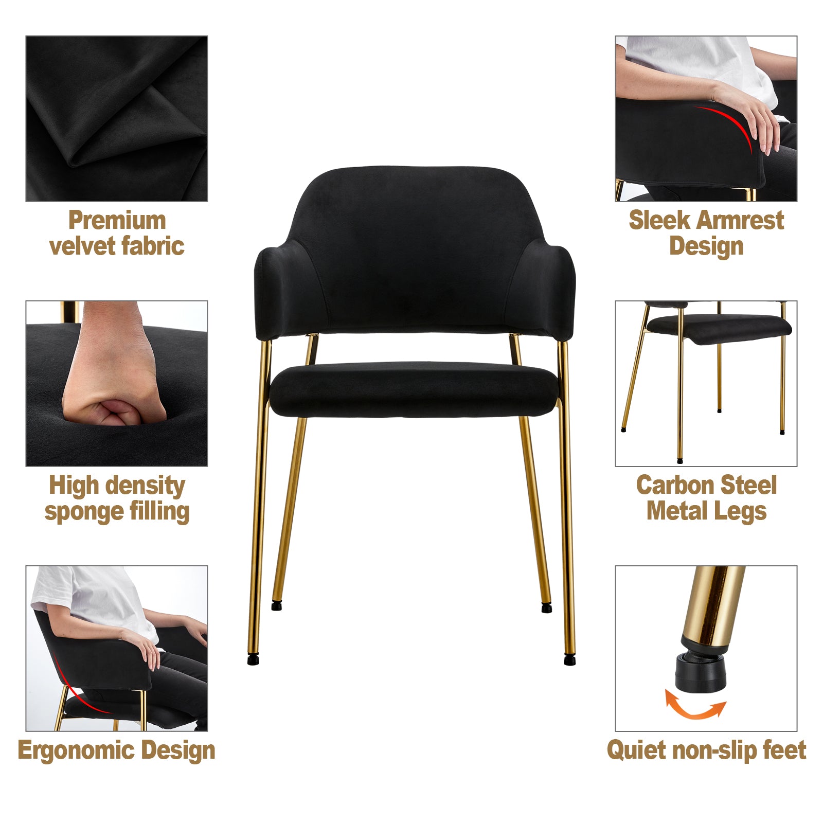 Black Velvet Dining Chairs Set of 2 with Armrest and Golden Chrome Legs S65711