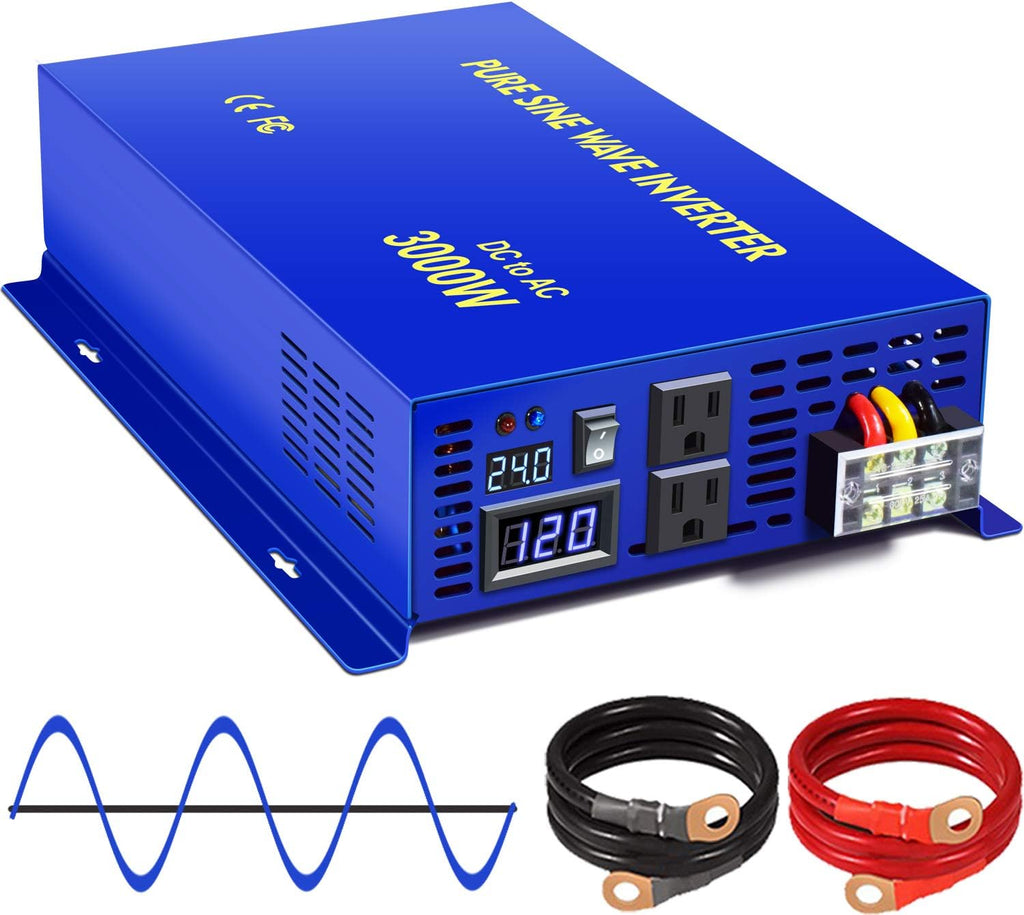 3000W Pure Sine Wave Power Inverter 12v to 110v 120v DC to AC with 2 USA Outlets 2 Battery Cables S791