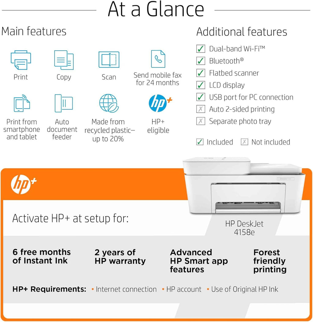 HP DeskJet Plus 41 58e All-in-One Wireless Color Inkjet Printer, White - Print Copy Scan - 1200 x 1200 dpi, 35-Sheet ADF, Icon LCD Display, Hi-Speed USB, Instant Ink Ready S488
