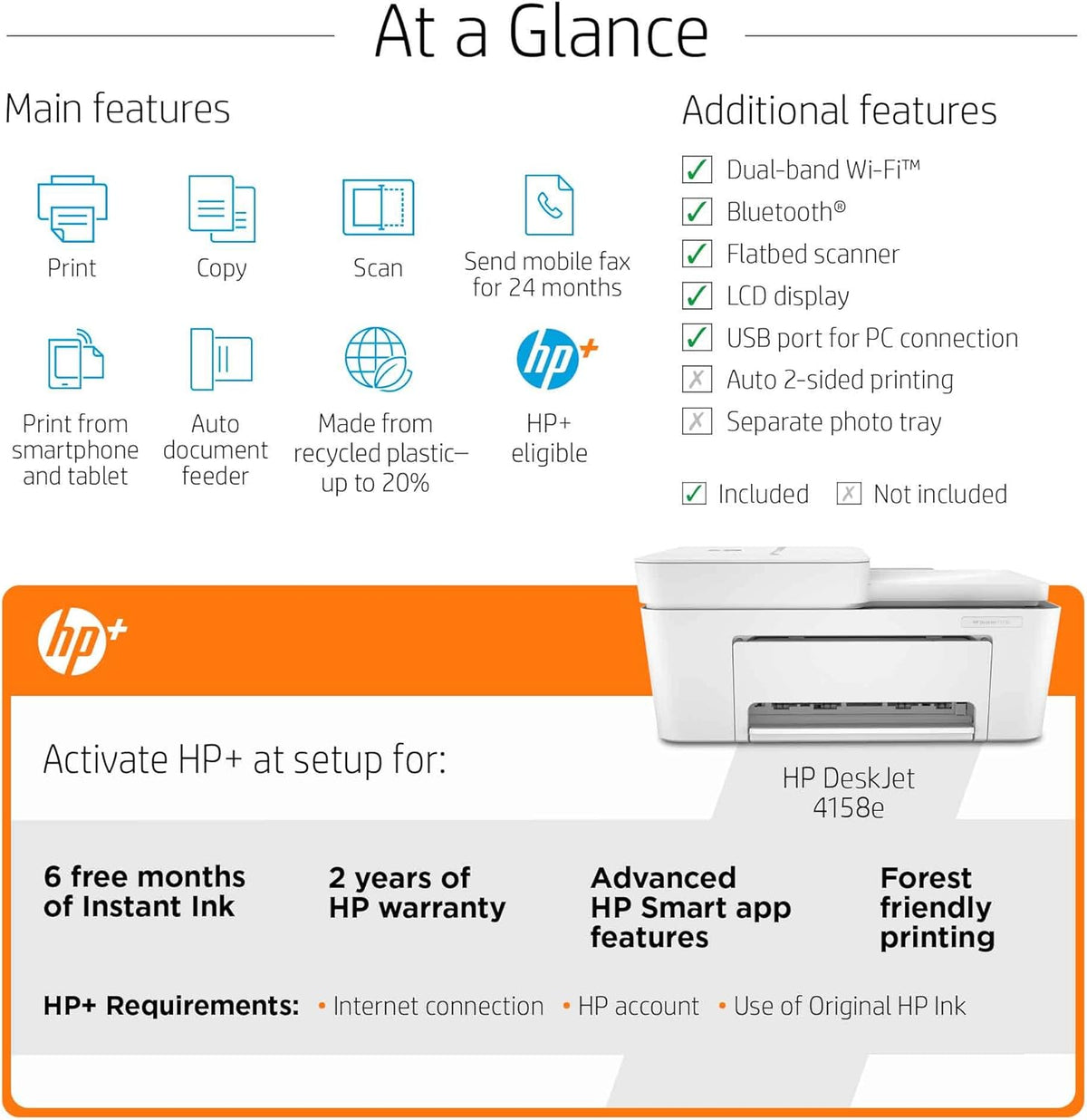 HP DeskJet Plus 41 58e All-in-One Wireless Color Inkjet Printer, White - Print Copy Scan - 1200 x 1200 dpi, 35-Sheet ADF, Icon LCD Display, Hi-Speed USB, Instant Ink Ready S488