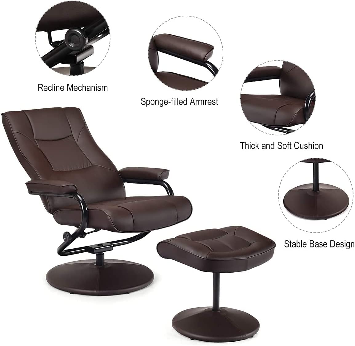 Brown PU Leather Swivel Recliner Chair with Ottoman Set Z536597