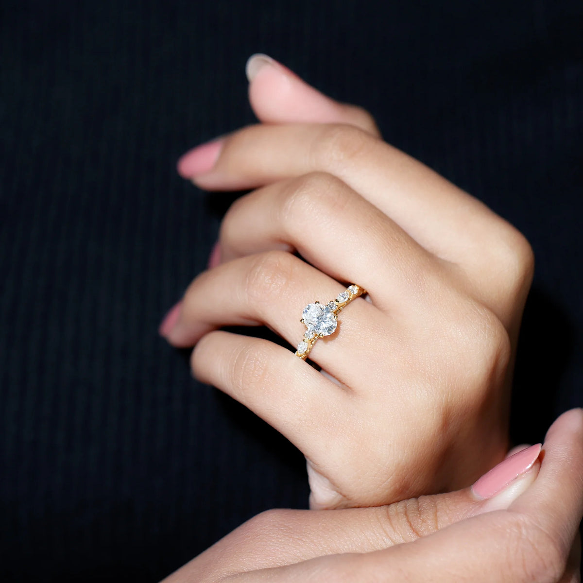 14K Yellow Gold Oval Moissanite Engagement Ring with Side Stones E99782