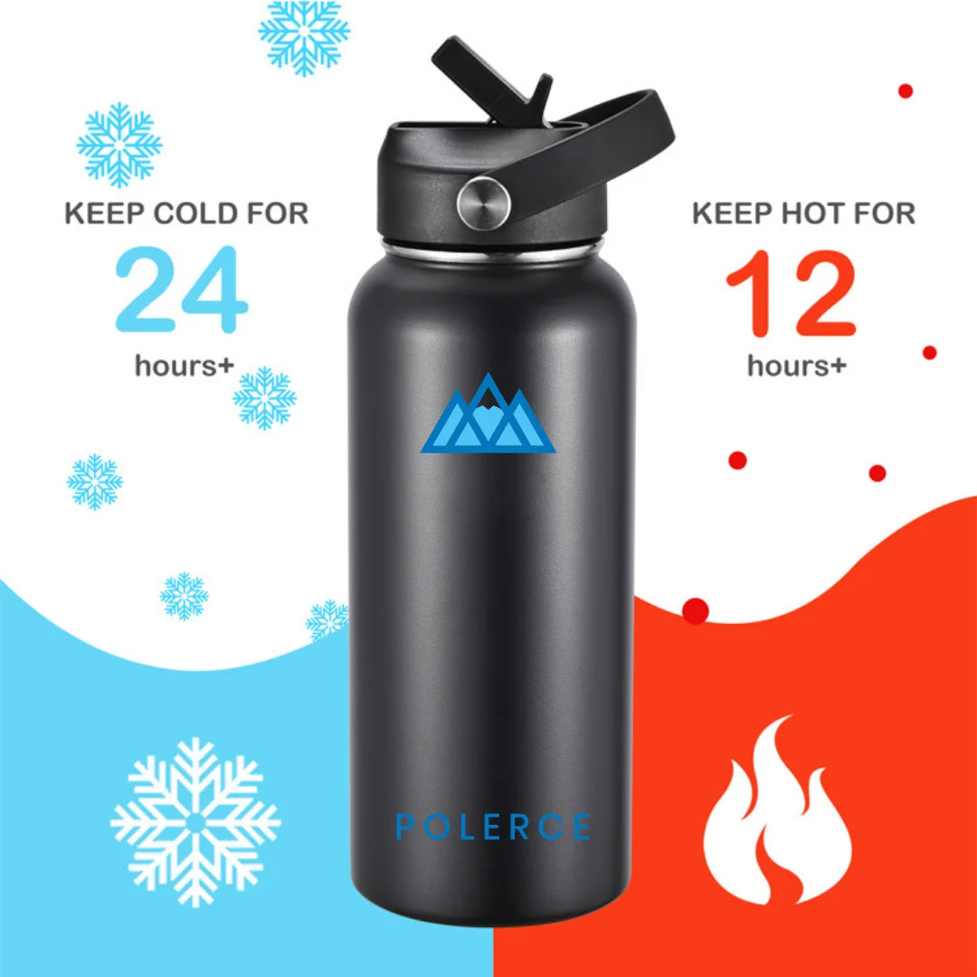 Black Stainless Steel Vacuum Insulated Bottle with 3 Lids, 64 fl oz L634298