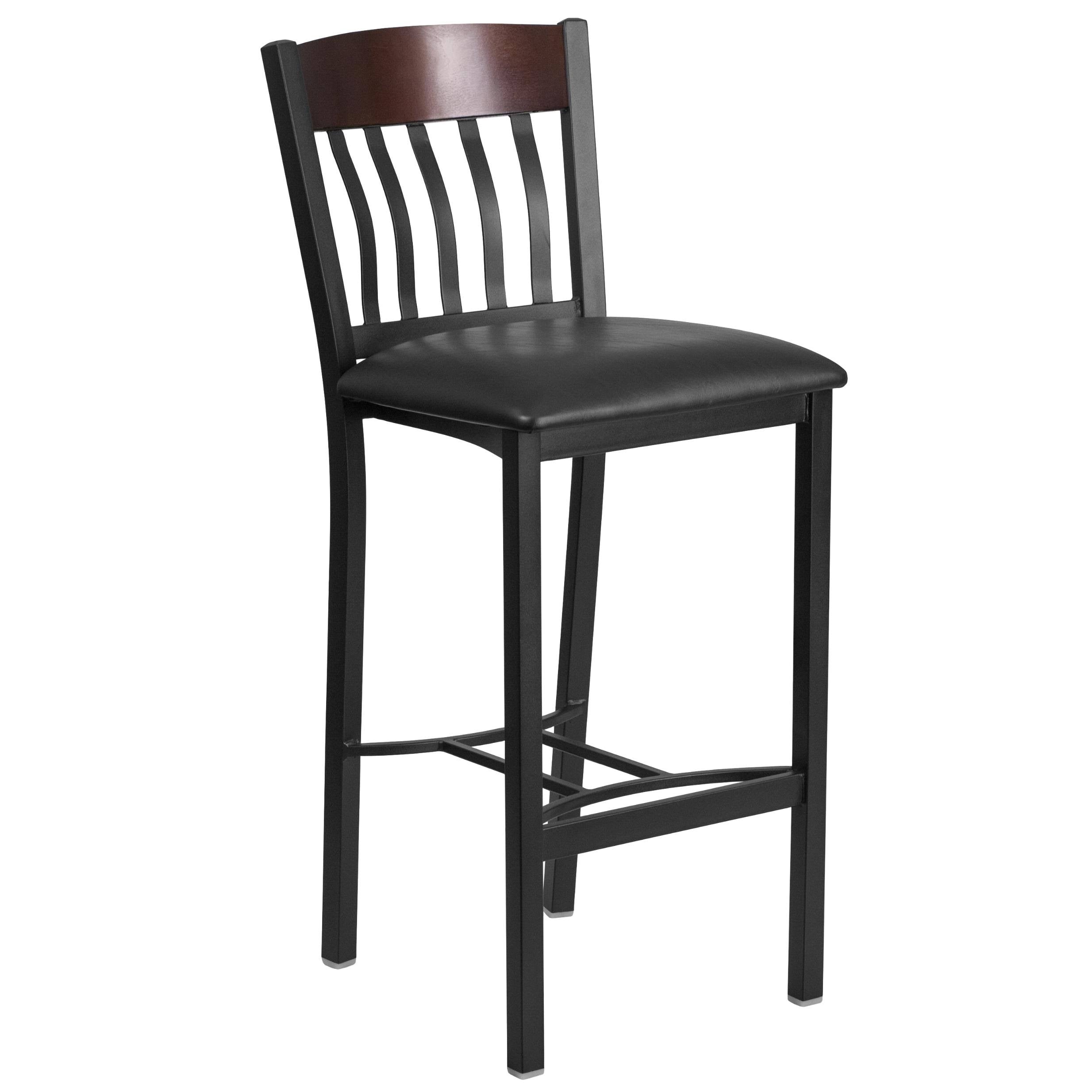 Black Metal and Walnut Wood Restaurant Barstool with Black Vinyl Seat E98995
