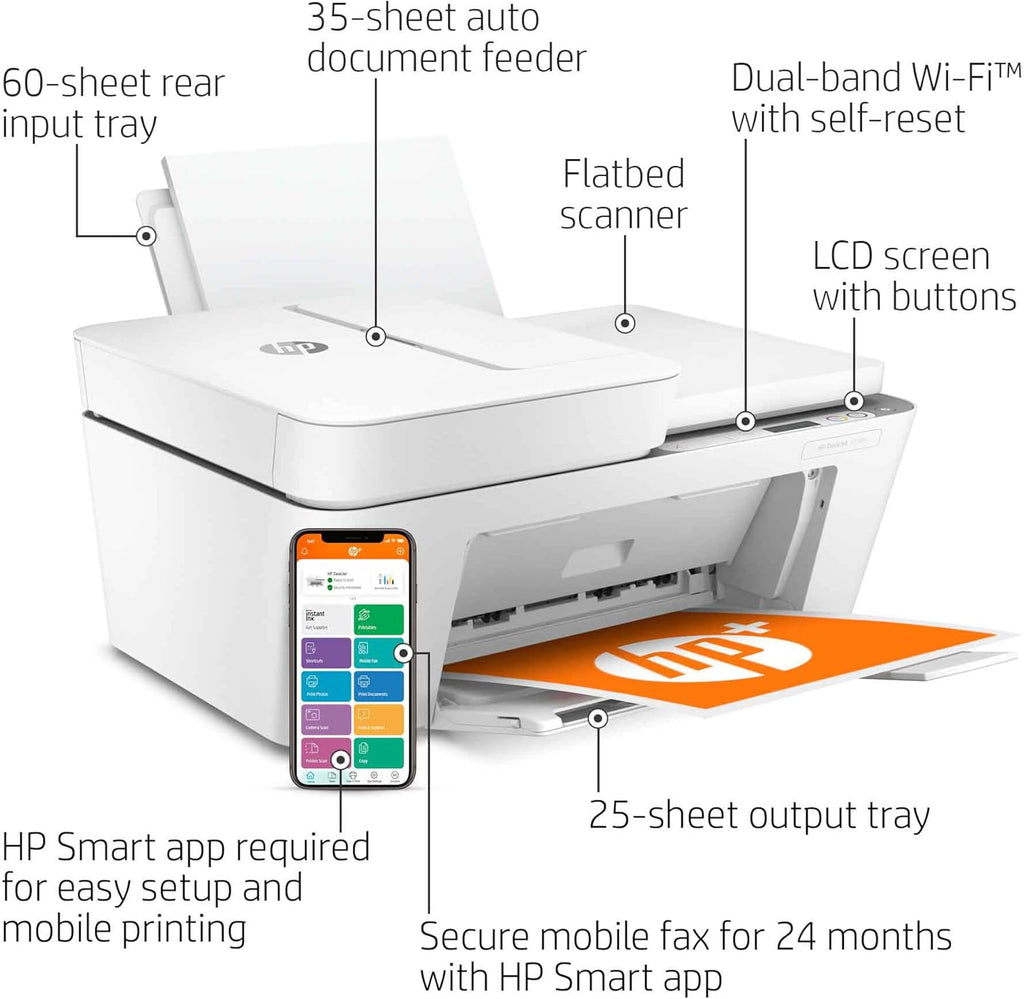 HP DeskJet Plus 41 58e All-in-One Wireless Color Inkjet Printer, White - Print Copy Scan - 1200 x 1200 dpi, 35-Sheet ADF, Icon LCD Display, Hi-Speed USB, Instant Ink Ready S488