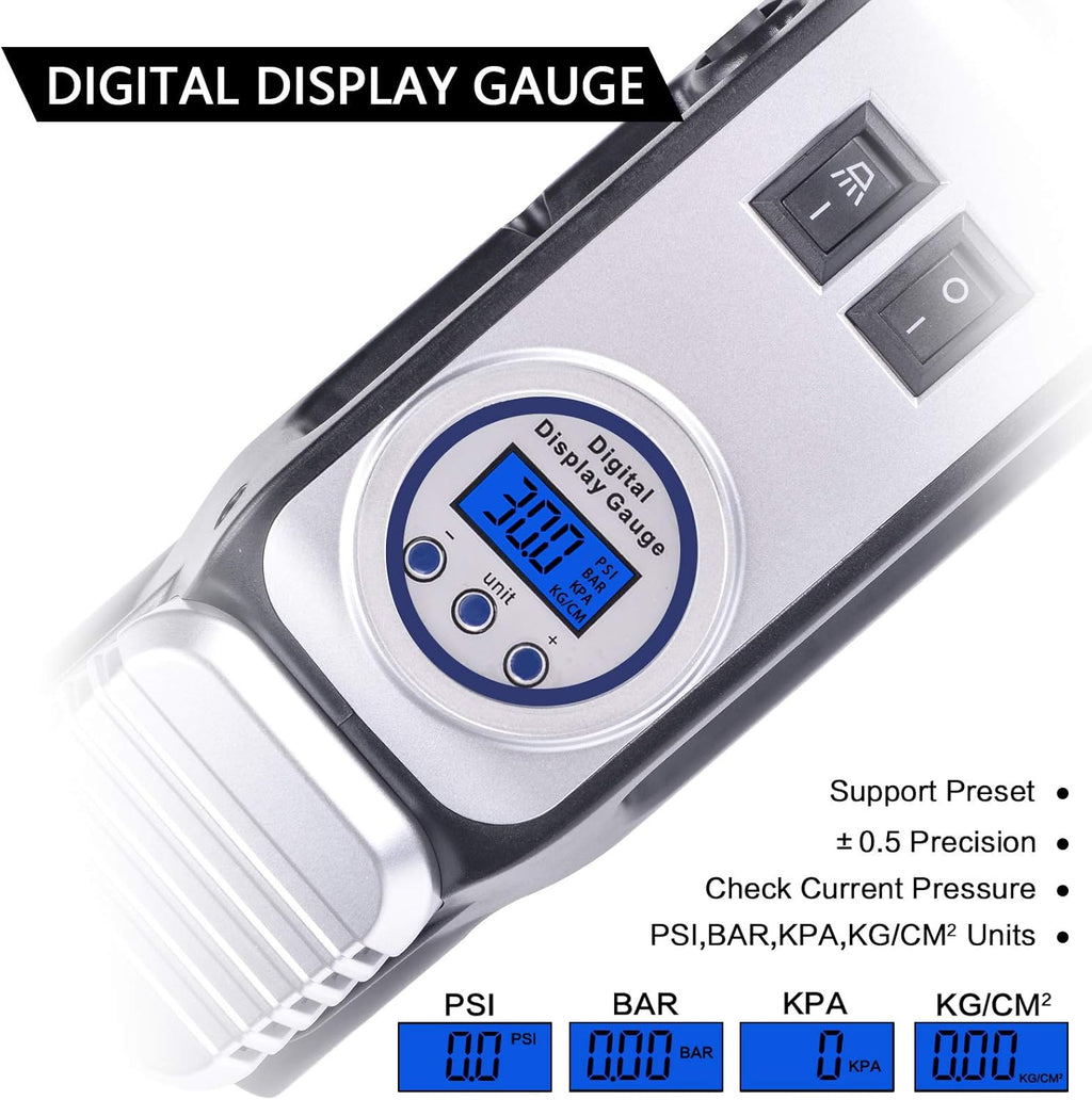 Portable Digital Tire Inflator, Dual Cylinders 12V Air Compressor Pump 150PSI with LED Light and Tire Repair Kit M1695