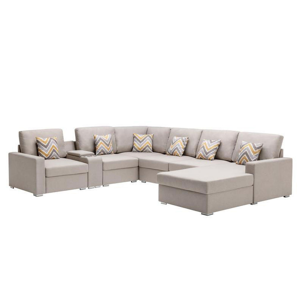 Beige Fabric Reversible Sectional with Charging Port and Storage Console O691571