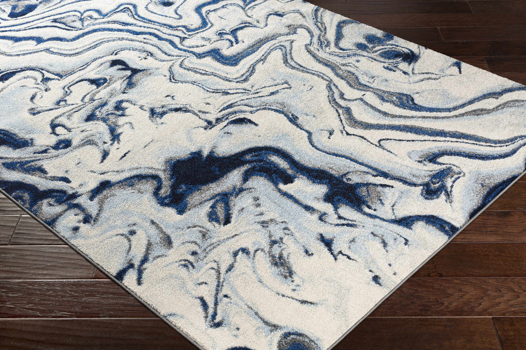 Abstract Coastal Area Rug - Marble Swirl Pattern - Ombre Blue, Royal Blue, Navy Blue, Grey, White - 5'3" x 7'3" C483582