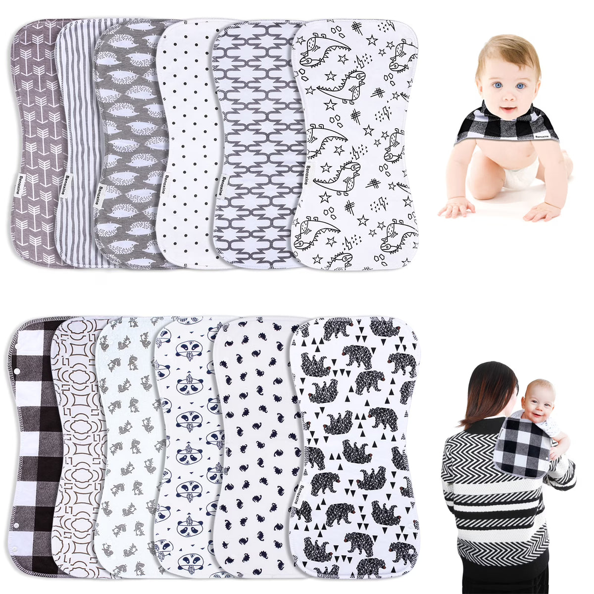 12-Pcs Animal Pattern Burp Cloths and Baby Bibs C7567