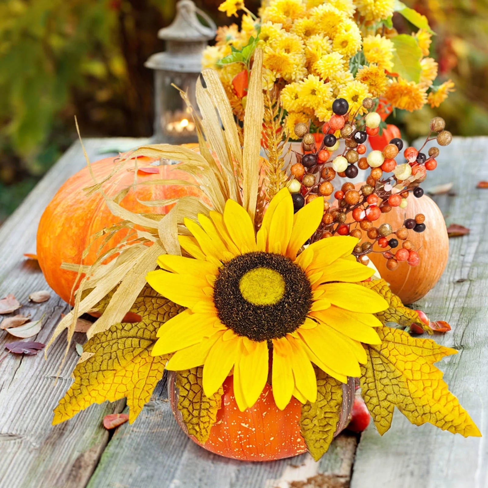 Artificial Fall Maple Flowers Silk Sunflowers Bouquets with Pumpkins Z55943