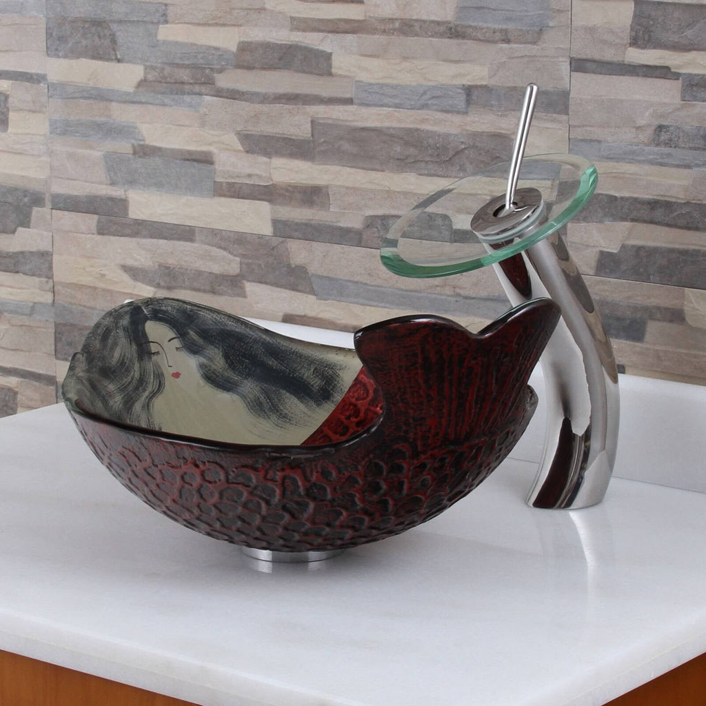Chrome Finish Tempered Glass Bathroom Vessel Sink and Waterfall Faucet Combo E77946