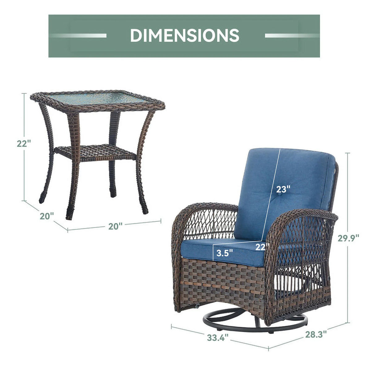 Brown Rattan Wicker 3-Piece Outdoor Swivel Glider Set with Blue Cushion P11200