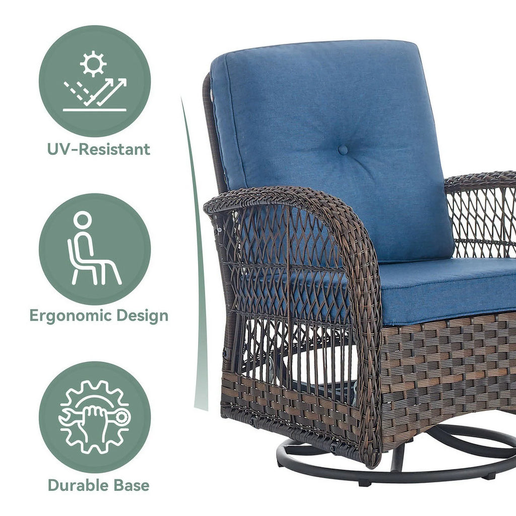 Brown Rattan Wicker 3-Piece Outdoor Swivel Glider Set with Blue Cushion P11200
