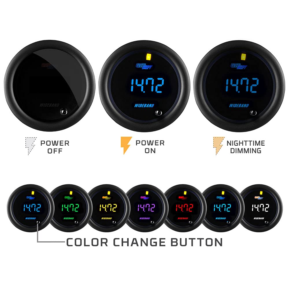 Tinted 7 Color Digital Wideband Air / Fuel Ratio AFR Gauge Kit with Oxygen Sensor, Data Logging Output & Weld-in Bung, Smoked Lens, Multi-Color LED Display, 2-1/16" 52mm Q3289
