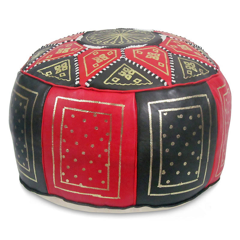 Black / Red Leather Pouf Ottoman Z536