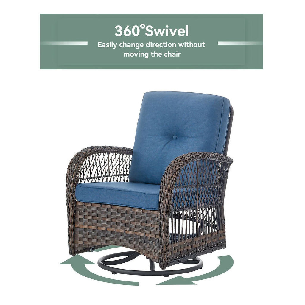 Brown Rattan Wicker 3-Piece Outdoor Swivel Glider Set with Blue Cushion P11200