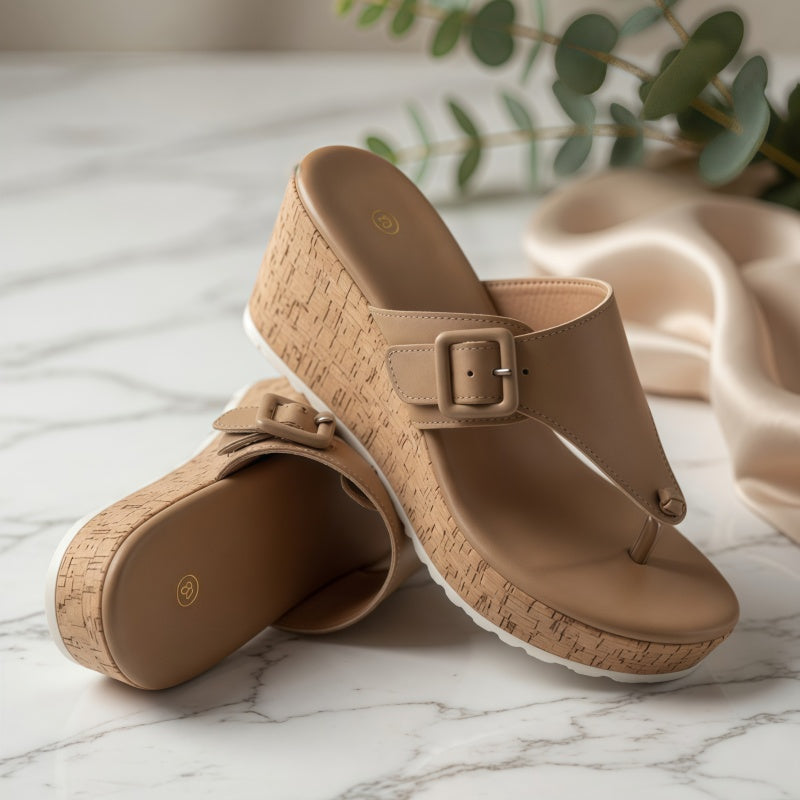 Comfortable Beige Cork Wedge Platform Thong Sandals – Buckle Strap Summer Slides